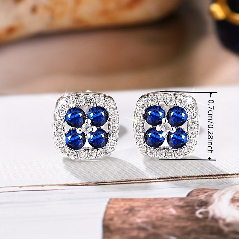Simple and elegant square stud earrings set with blue synthetic gemstones, engagement banquet, party jewelry, everyday casual accessories for women