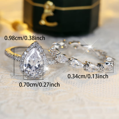 Vintage Elegant Bridal Ring Set with Pear Cut Cubic Zirconia and Copper Strap, Unplated, Zirconia Laid, Perfect for Weddings and Engagements - 2 Piece Set
