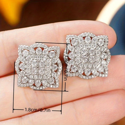 Sparkling Square Earrings, Copper Jewelry, Zircon Set, Fashion Luxury Style, Ladies Wedding Date Earrings