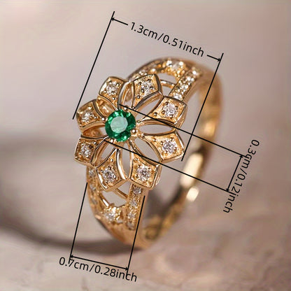 Vintage Hollow Inlaid Synthetic Emerald Synthetic Gemstone Flower Ring Ladies Wedding Daily Casual Wear Matching Jewelry Anniversary Gift