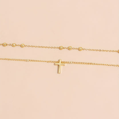 Vintage Cross Pendant Bead Chain Collarbone Chain Double Necklace Women's Holiday Jewelry Gifts