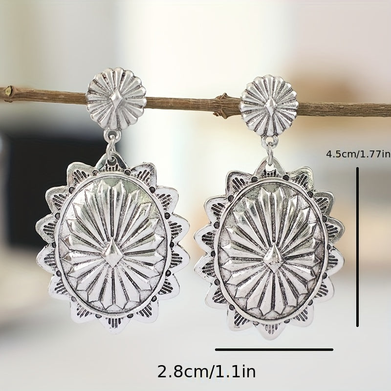 Silver Flower Pattern Carved Pendant Earrings Vintage Ethnic Style Alloy Jewelry Exquisite Women's Gifts Daily Casual