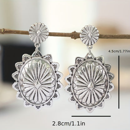 Silver Flower Pattern Carved Pendant Earrings Vintage Ethnic Style Alloy Jewelry Exquisite Women's Gifts Daily Casual