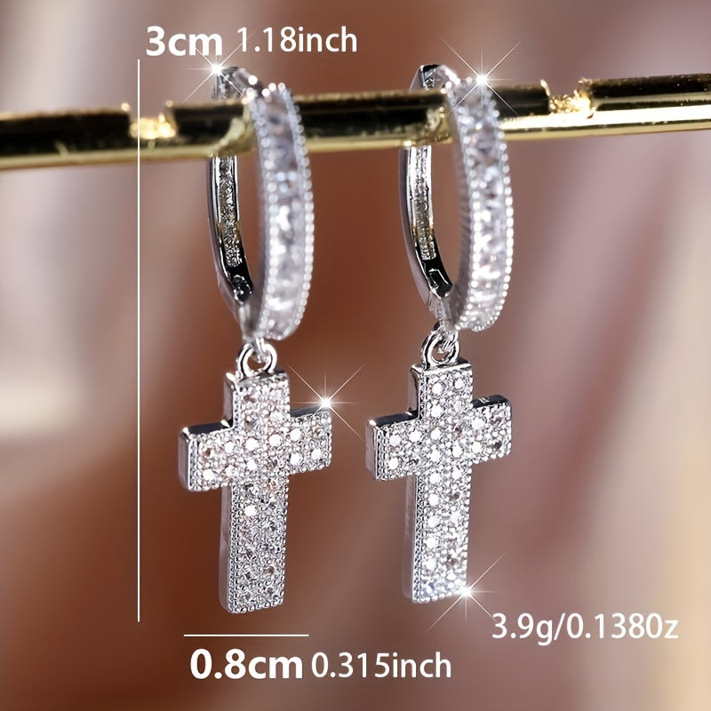 Pack of 2 Bohemian Elegant Cross Pendant Earrings, Synthetic Zircon, Copper Circle Ear Hooks, Women's Religious Jewelry