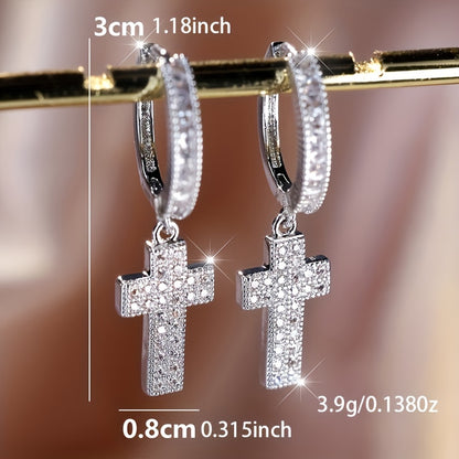Pack of 2 Bohemian Elegant Cross Pendant Earrings, Synthetic Zircon, Copper Circle Ear Hooks, Women's Religious Jewelry