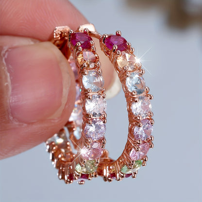 A pair of elegant bohemian rainbow full-ring earrings, suitable for women, with synthetic cubic Zirconia and copper bottom, suitable for parties and weddings, worn year-round.