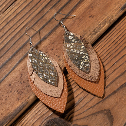 Layered Leaf Design PU Leather Drop Earrings, Rustic Vintage Style, Stylish Drop Ladies Earrings, Fall Inspiration Palette
