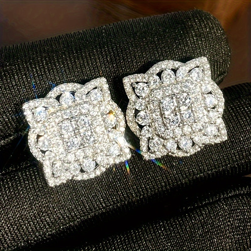 Sparkling Square Earrings, Copper Jewelry, Zircon Set, Fashion Luxury Style, Ladies Wedding Date Earrings