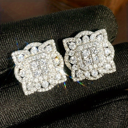 Sparkling Square Earrings, Copper Jewelry, Zircon Set, Fashion Luxury Style, Ladies Wedding Date Earrings