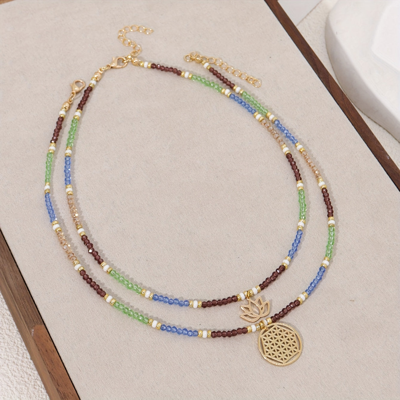 2 pendant necklaces, Bohemian crystal bead lotus pendant double necklace, holiday party music festival daily accessories