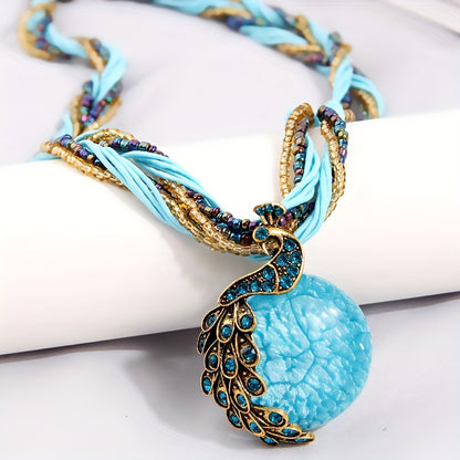 Bohemian style retro socialite peacock blue rice bead multi-layer short necklace imitation stone pendant necklace Women's jewelry gift
