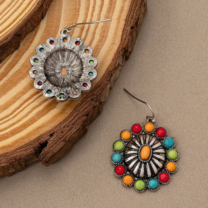 Vintage Sunflower Design Colourful Bead Inlaid Drop Earrings Bohemian Vacation Style Zinc Alloy Jewelry Travel Souvenirs