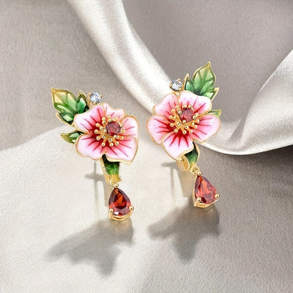 Exquisite floral-set synthetic ruby pendant earrings for ladies' vacation parties and everyday casual accessories
