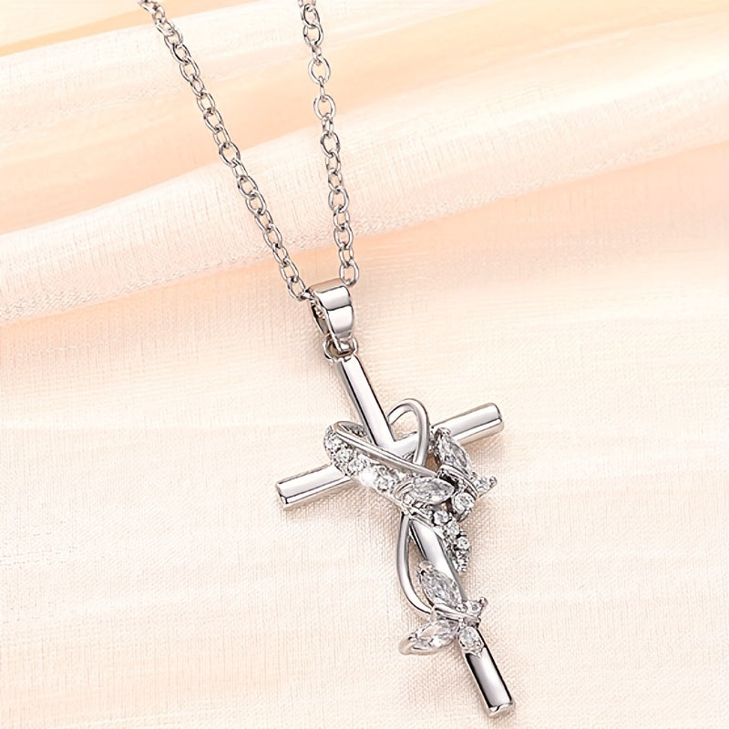 Elegant Silver Plated Cross and Vine Pendant Necklace with Aquamarine Butterfly - Perfect for Weddings, Engagements and Casual Decorations