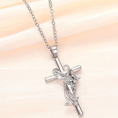 Elegant Silver Plated Cross and Vine Pendant Necklace with Aquamarine Butterfly - Perfect for Weddings, Engagements and Casual Decorations