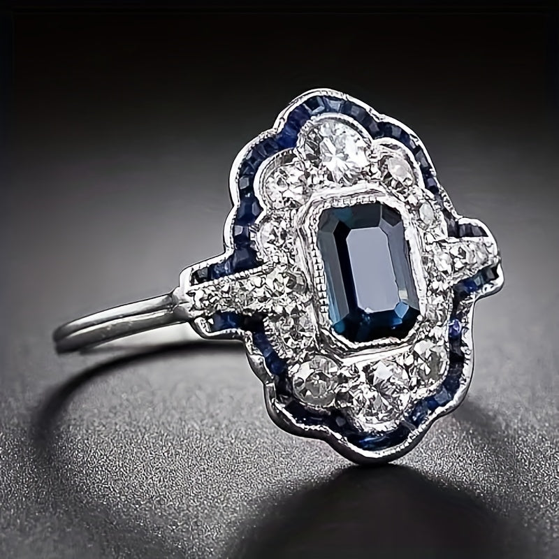 Stylish Zirconia micro-set vintage lace set with blue gemstone ring, elegant ladies engagement anniversary gift jewelry