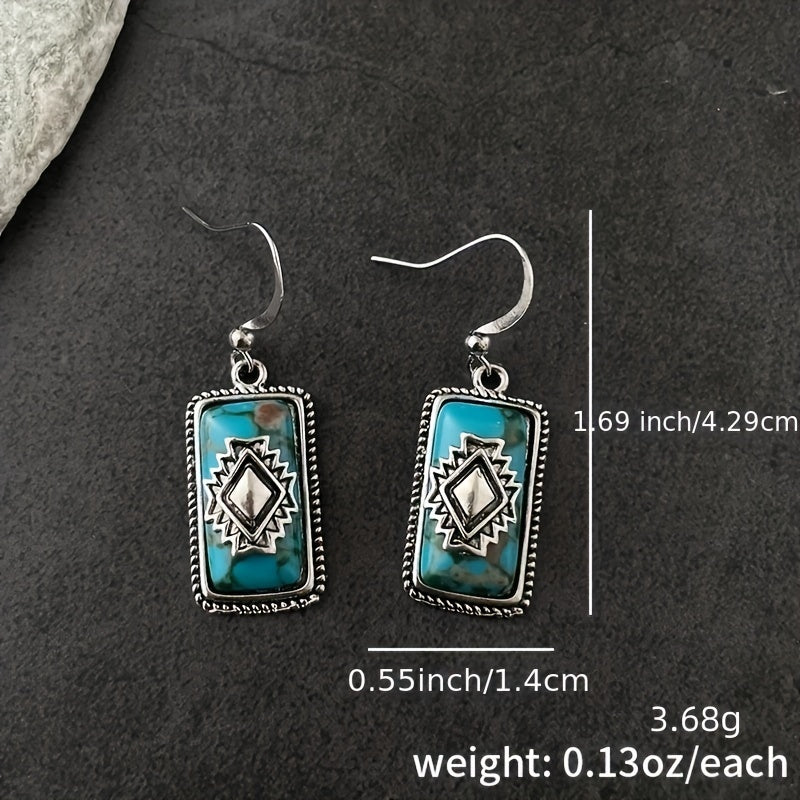 Square Turquoise Pendant Earrings Vintage Bohemian Ethnic Temperament Zinc Alloy Synthetic Gemstone 925 Silver Plated Material Party Engagement Female Gift