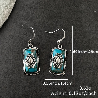 Square Turquoise Pendant Earrings Vintage Bohemian Ethnic Temperament Zinc Alloy Synthetic Gemstone 925 Silver Plated Material Party Engagement Female Gift
