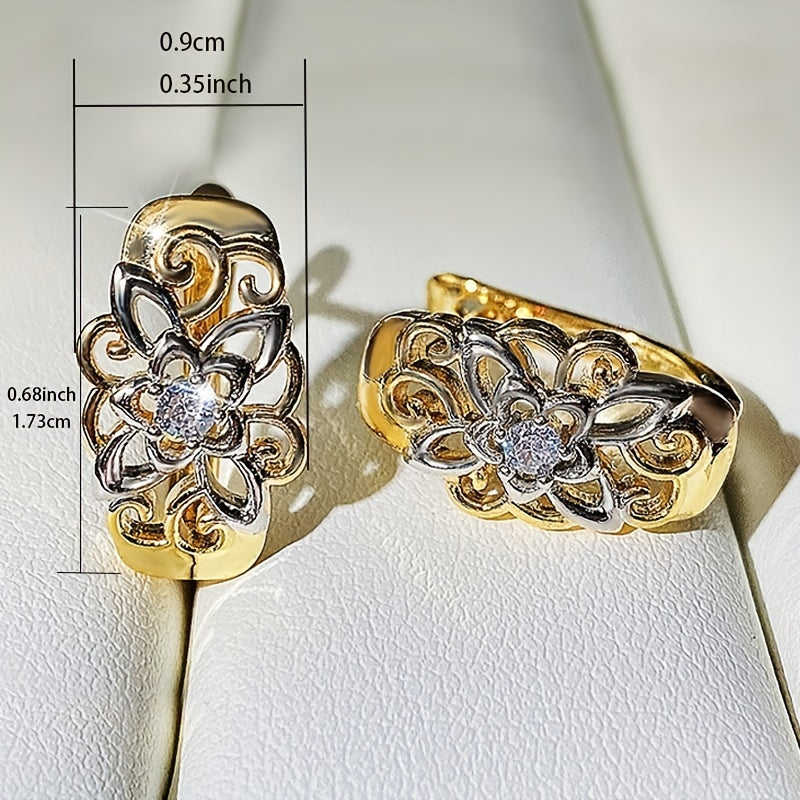 Retro Elegant Flower Shape Zirconia Earrings 18K Gold Plated Ear Jewelry For Women Ladies Banquet Party Anniversary Gift