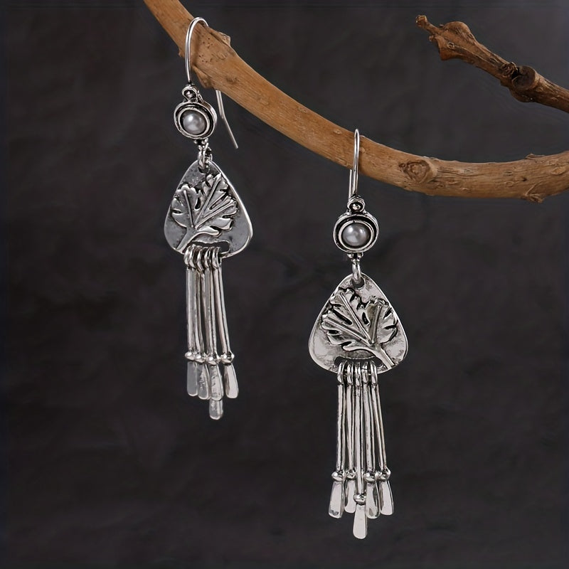 Antique Silver Pendant Earrings, Ladies Creative Bohemian Carved Leaves Cocktail Party Antique Earrings Jewelry