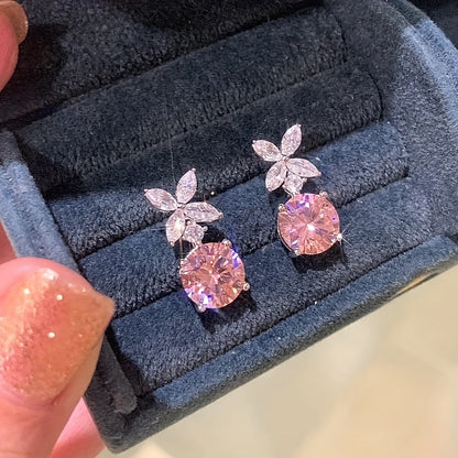 Elegant Pink Cubic Zirconia Flower Pendant Earrings - Nickel Free Copper for Everyday Wear and Parties