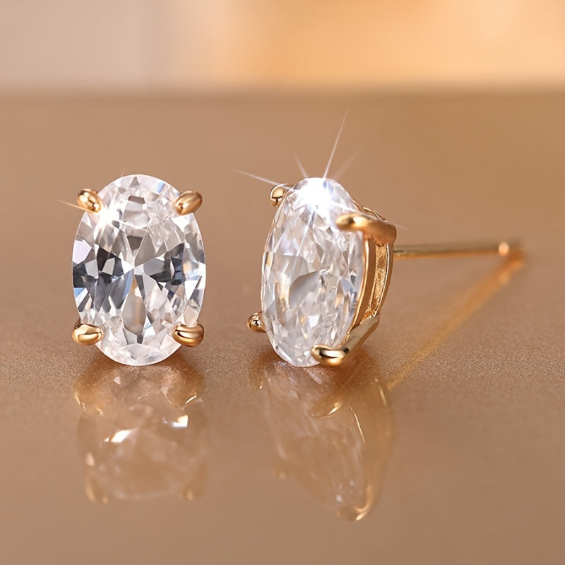 Ladies Elegant Oval Zirconia Stud Earrings - Nickel Free Copper, Perfect for Casual Attire and Parties