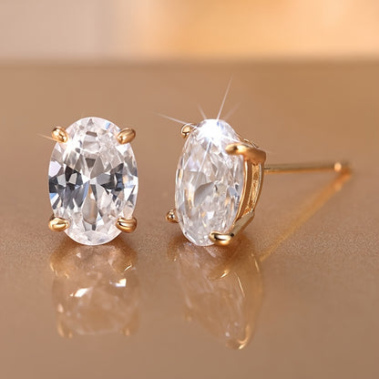 Ladies Elegant Oval Zirconia Stud Earrings - Nickel Free Copper, Perfect for Casual Attire and Parties