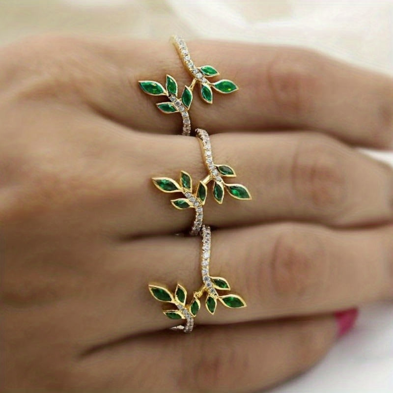 Ladies Fashion 18K Gold Plated Grandmother Green Leaf Ring - Perfect for Daily Wear and Party, Synthetic May Birthstone