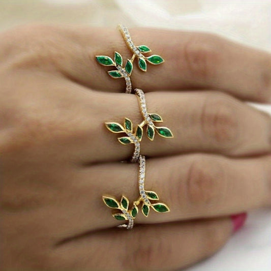 Ladies Fashion 18K Gold Plated Grandmother Green Leaf Ring - Perfect for Daily Wear and Party, Synthetic May Birthstone
