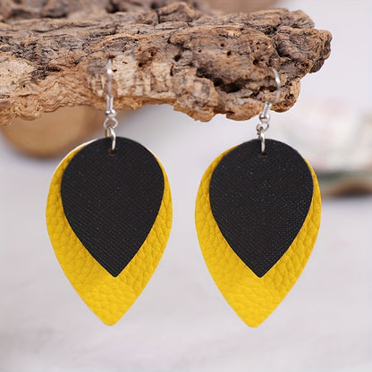 Simple double-layer solid color leaf PU leather earrings