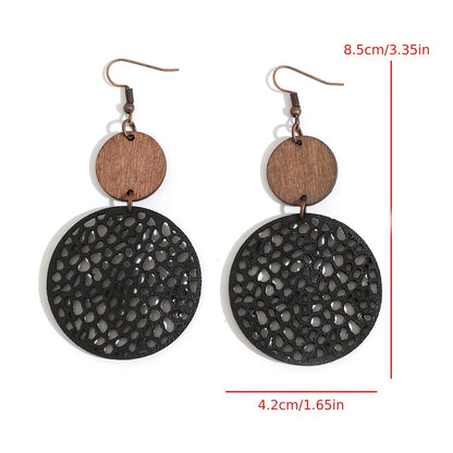 Hollow Round Pendant Earrings, Bohemian Vintage Wooden Leather Earrings, Jewelry, Ladies Gift Accessories, Fall/Winter Earrings