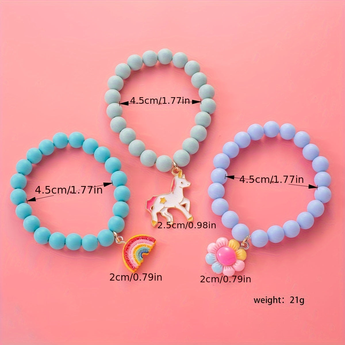 3Pcs Cute Unicorn, Sunflower, Rainbow Charm Beaded Unicorn Sunflower Rainbow Bracelet Set