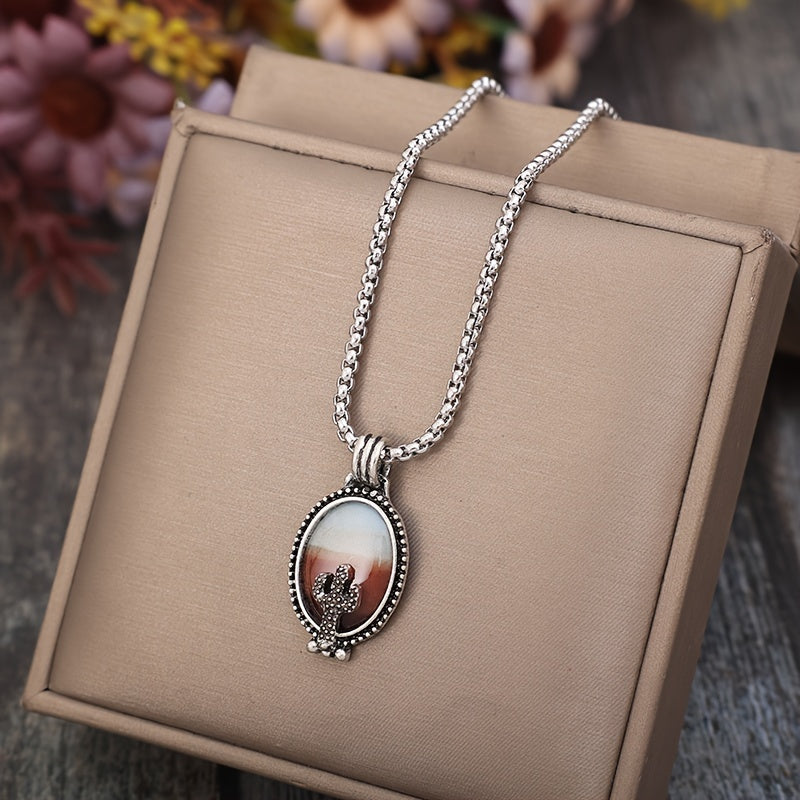 Desert Cactus Decorative Oval Pendant Necklace Western Resin Pendant Necklace Casual Accessories