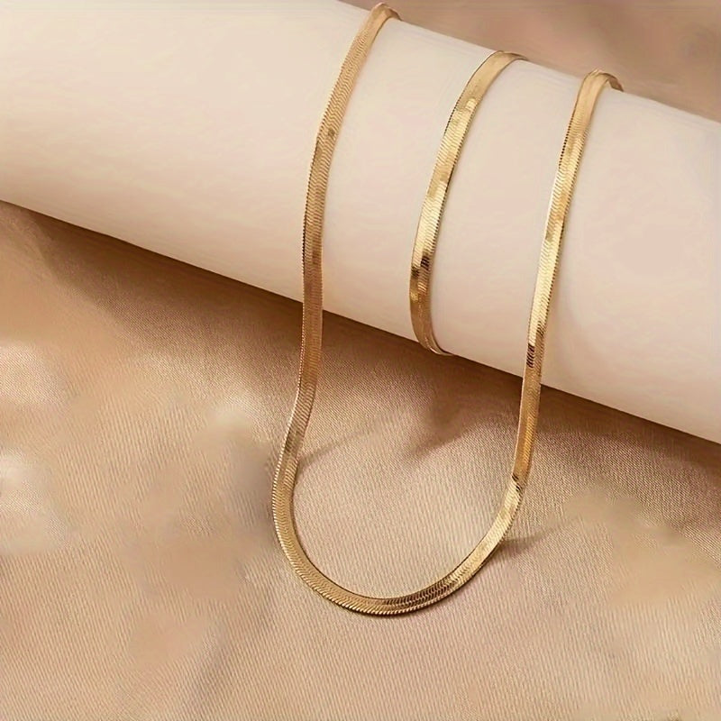 2-Piece Sexy Simple 18K Gold Plated Flat Snake Chain Necklace and Bracelet Set Women's, Mosaic Free, Alloy Material, Suitable for Daily Wear