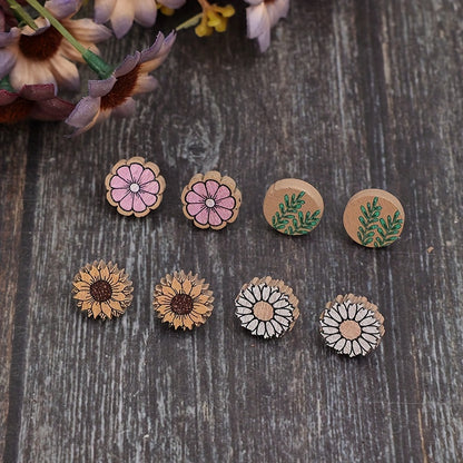 Four pairs of rustic wooden stud earrings, pastoral spring flower design, suitable for ladies' vacation and rustic jewelry accessories