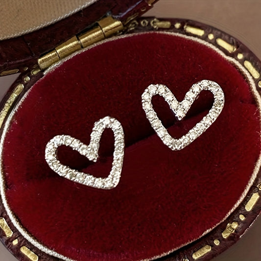 exquisite and small hollow love stud earrings, copper jewelry, inlaid with miniature Zirconia, elegant casual style, Women's dating gift