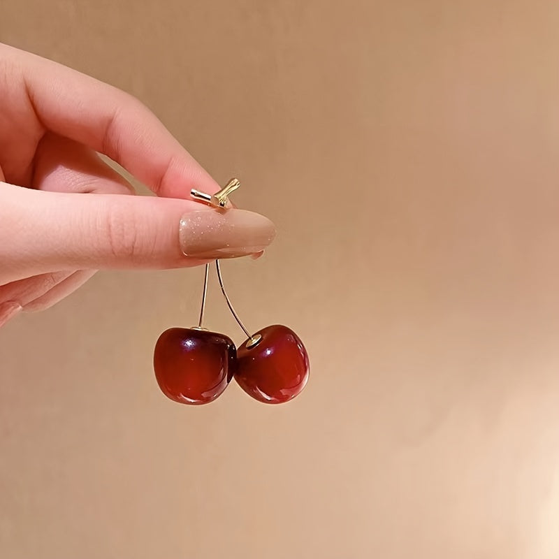 Fashion Burgundy Cherry Fruit Earrings - Ladies Versatile and Stylish Alloy Pendant Ornament with Sweet Personality