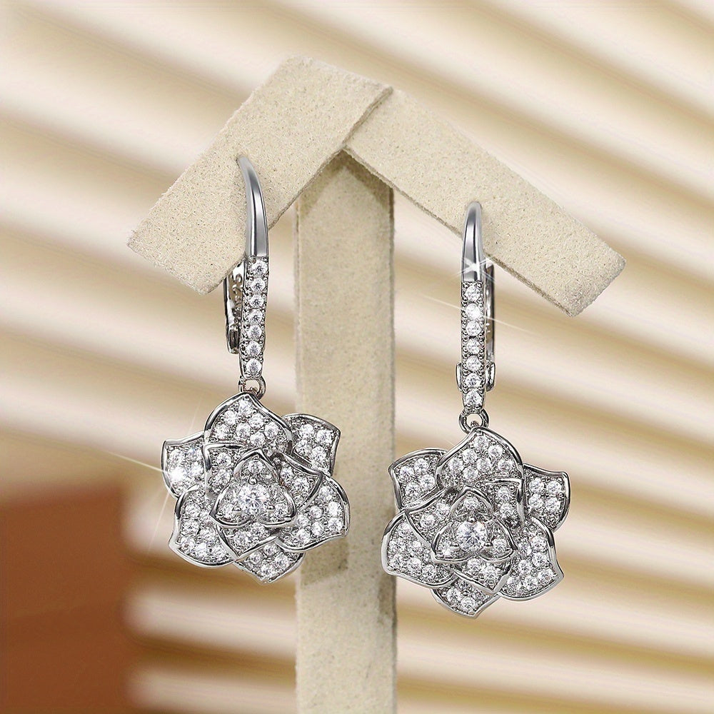 Flower-shaped hook earrings, sparkling zircon, suitable for women's daily leisure, gifts for exquisite jewelry lovers