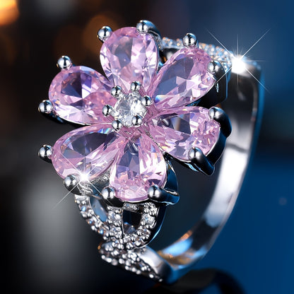 Elegant pink floral engagement ring set with sparkling cubic zirconia - perfect for weddings, parties and Valentine's Day gifts