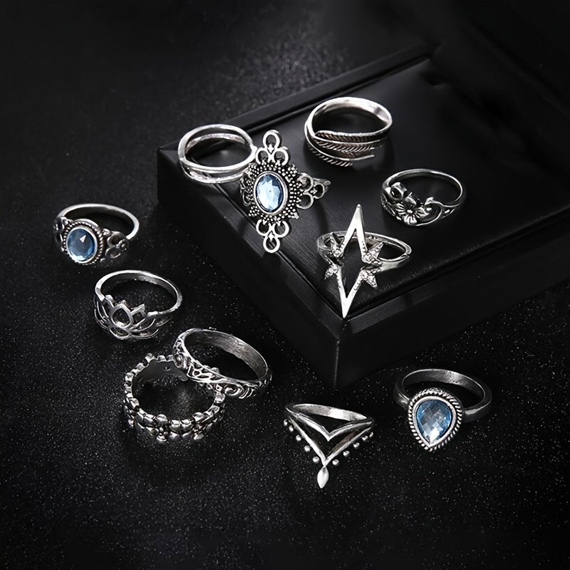 11-Piece Bohemian ring set, classic silver-plated alloy, with faux crystal parquet, vintage engraved flower design, inlaid with rhinestones