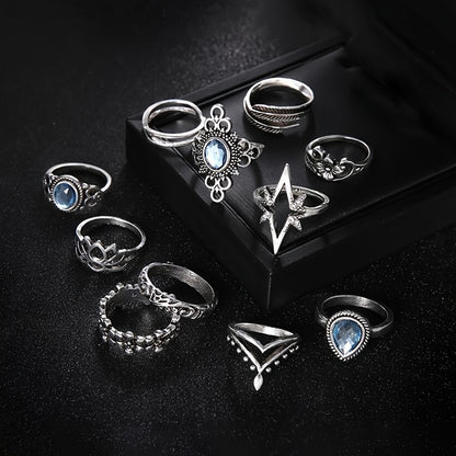 11-Piece Bohemian ring set, classic silver-plated alloy, with faux crystal parquet, vintage engraved flower design, inlaid with rhinestones