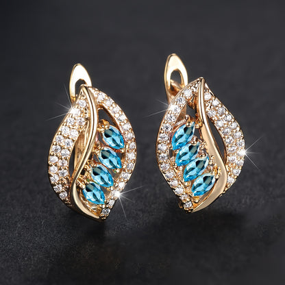 A pair of luxurious horse eye cut colorful gemstone earrings, zircon pendant hollow leaf style wedding earrings