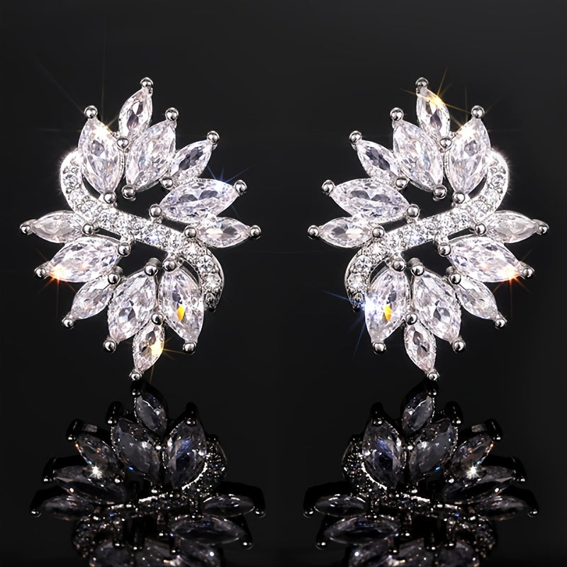 1 pair of women's fashion stud earrings, beautifully inlaid horse eye-cut synthetic zircon flower stud earrings, bride wedding engagement wedding earrings