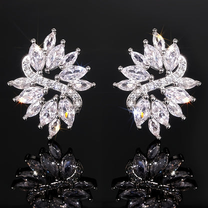 1 pair of women's fashion stud earrings, beautifully inlaid horse eye-cut synthetic zircon flower stud earrings, bride wedding engagement wedding earrings