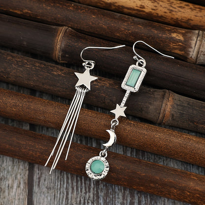 Fashion Asymmetrical Star Moon Tassel Pendant Earrings, Glass Inlay - Ladies Silver Alloy Fashion Jewelry