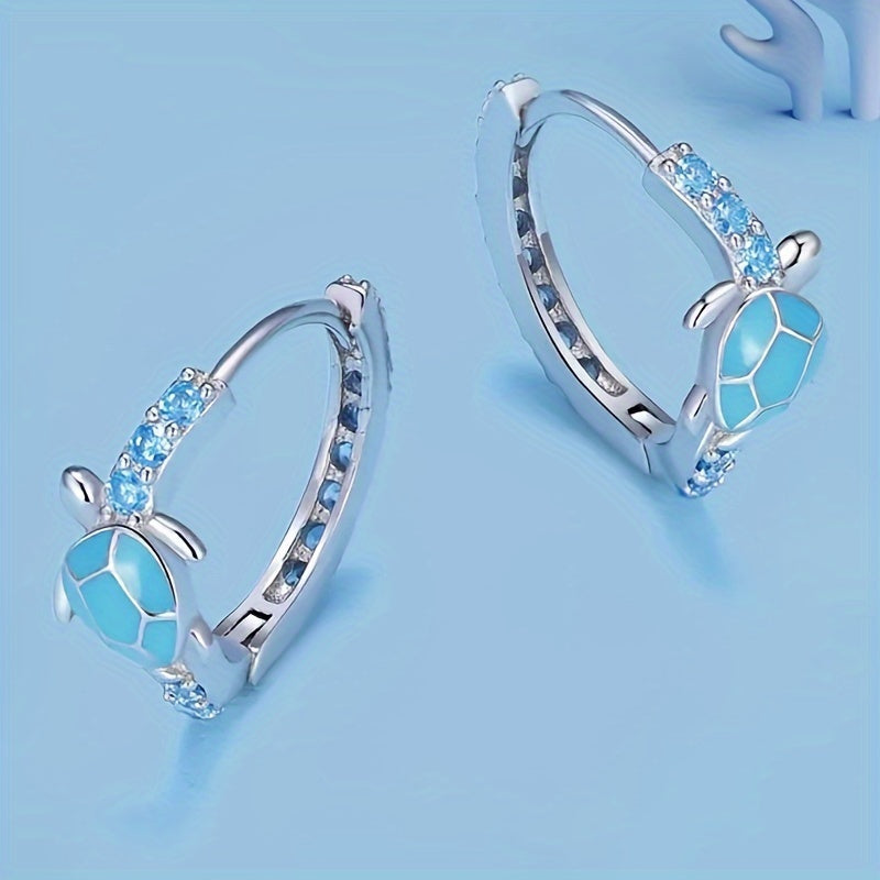 Ladies' elegant bohemian turtle earrings with synthetic sapphire, March birthday stone, nickel-free copper, animal-themed design, suitable for daily and party wear