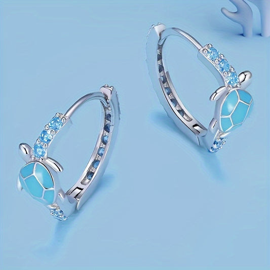 Ladies' elegant bohemian turtle earrings with synthetic sapphire, March birthday stone, nickel-free copper, animal-themed design, suitable for daily and party wear