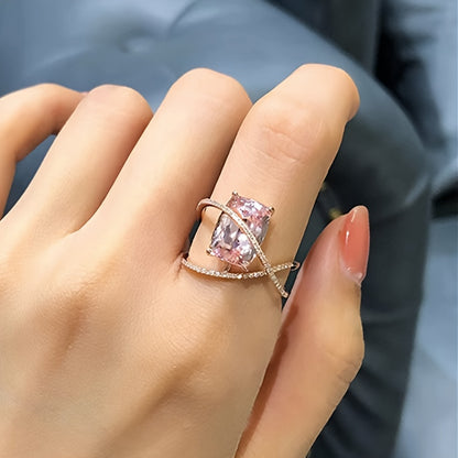Elegant pink synthetic gemstone ring with unique cross design - cherry blossom inspired, perfect for casual wear and party occasions, copper base, sparkling embellishment