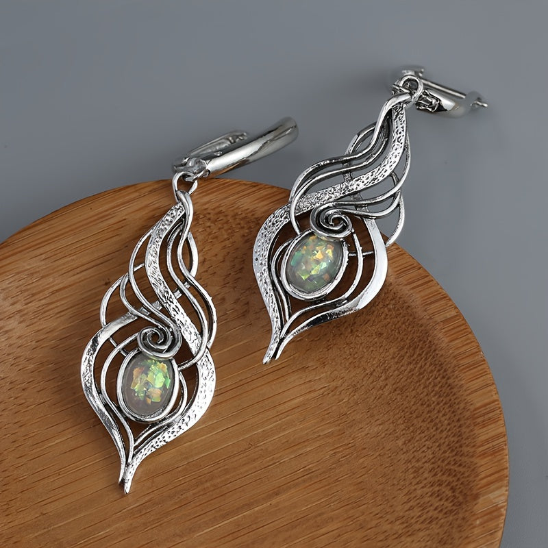 Bohemian Blue Opal Pendant Earrings - Vintage Silver Plated, Zinc Alloy with Copper Studs, Perfect Gift for Ladies