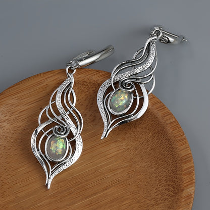 Bohemian Blue Opal Pendant Earrings - Vintage Silver Plated, Zinc Alloy with Copper Studs, Perfect Gift for Ladies